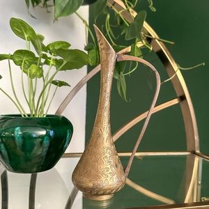 Vintage Indian Gold Brass Etched Pitcher Shaped Bud Vase